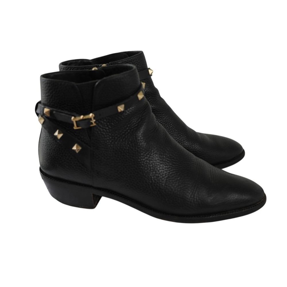 Valentino Garavani Rockstud Black Pebbled Leather Ankle Boots Gold Studs 38